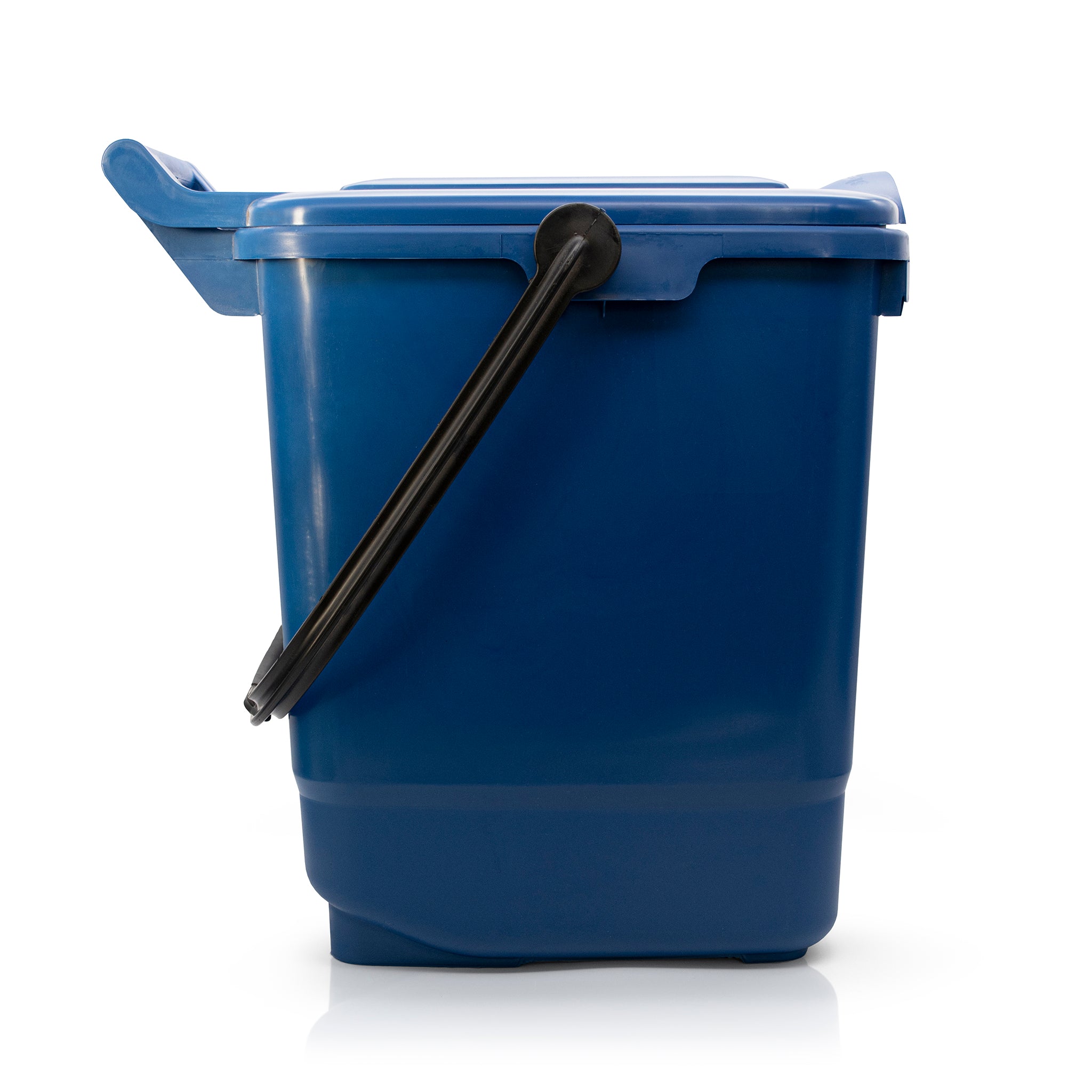 Blue compost bin with locking lid made from 100% recycled plastic materials