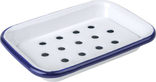 Blue rimmed enamel soap dish with removable drainage tray