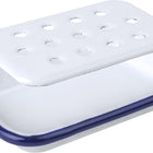 Blue rimmed enamel soap dish with removable drainage tray
