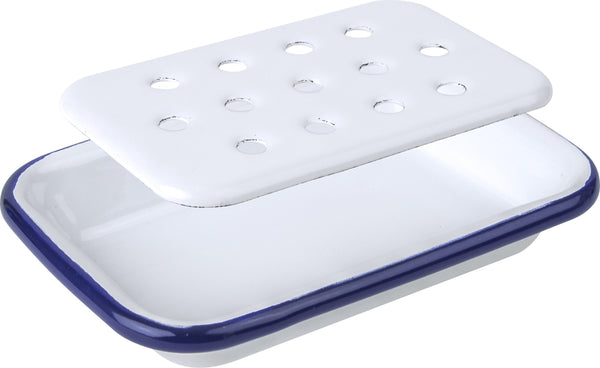 Blue rimmed enamel soap dish with removable drainage tray