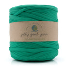 Green skein of yarn with a 'jolly good yarn' label on a white background