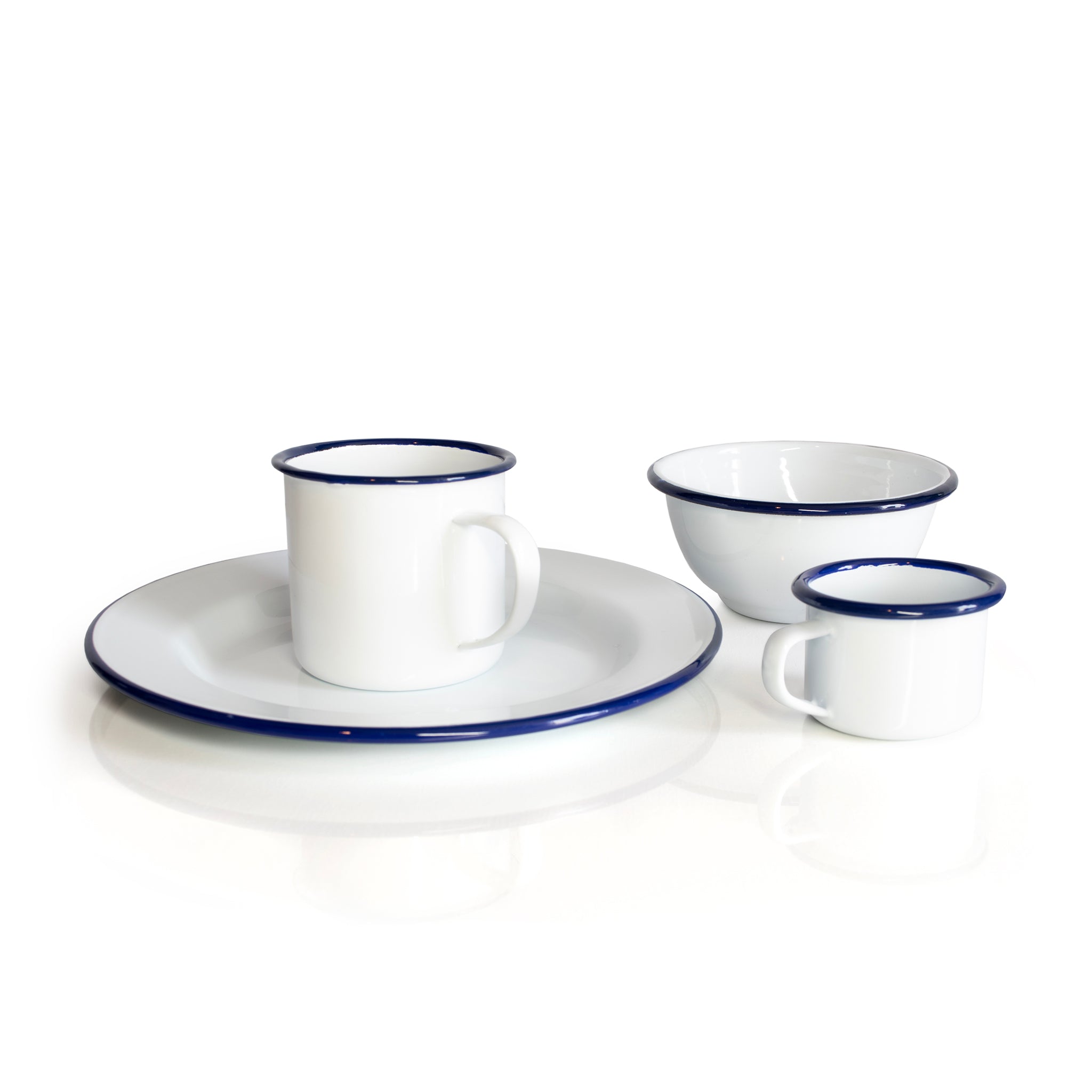 Enamel tableware set white with blue rim