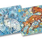 Sally Rich Christmas card of festive hare with robin and festive fox with cub in charming snowflake colourful pattern 