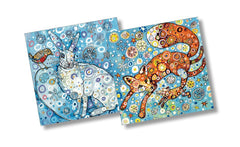 Sally Rich Christmas card of festive hare with robin and festive fox with cub in charming snowflake colourful pattern  thumbnail