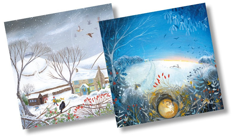 Two charming designed rural scene showy Christmas cards by Julia Crossland 