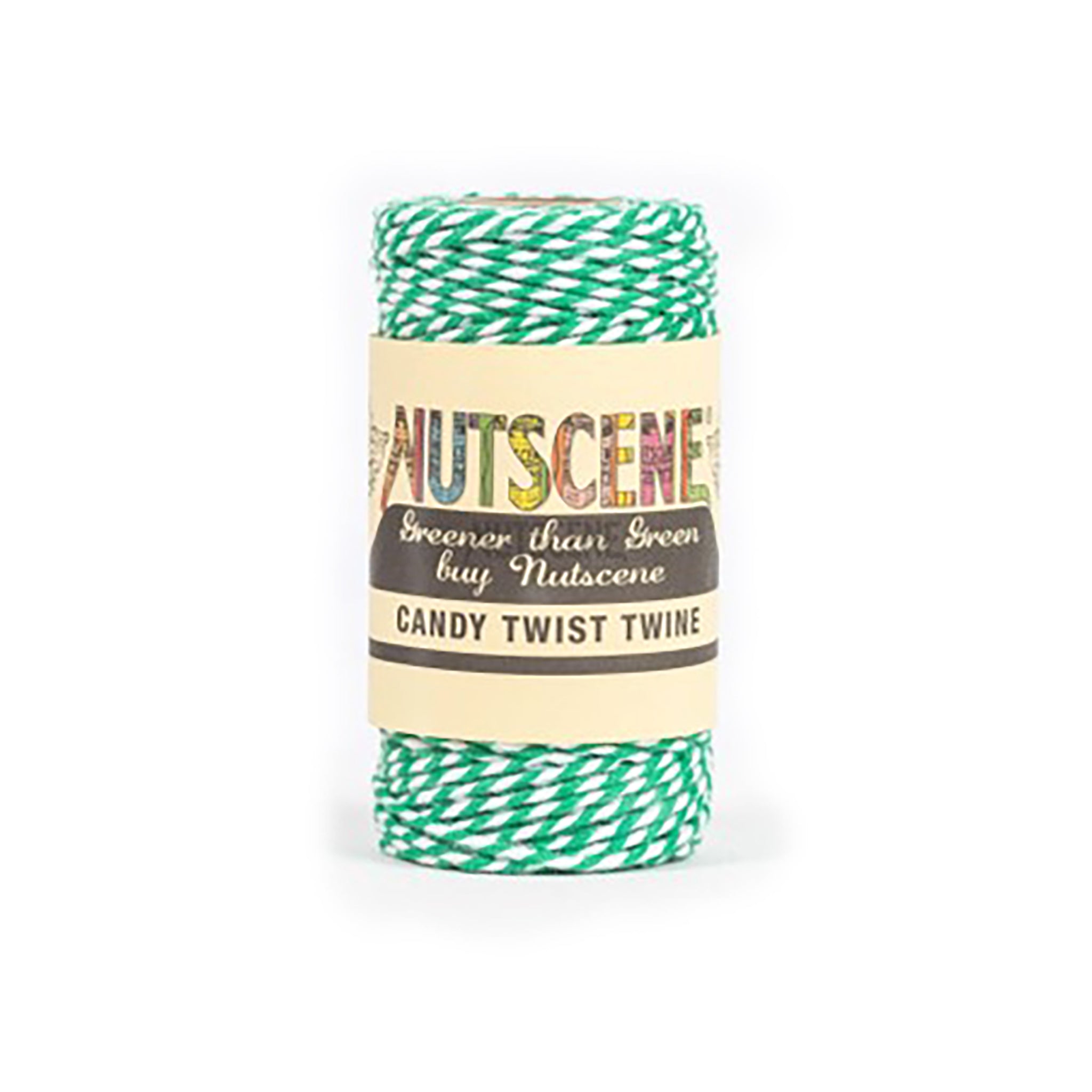 Green and white candy stripe crafting or bakers twine - Nutscene. On a white background