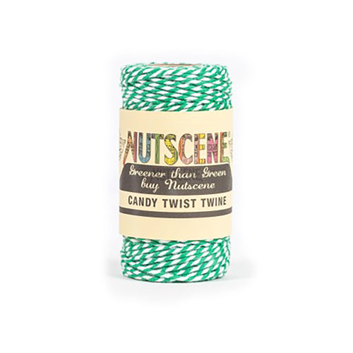 Red and white Nutscene crafting or bakers twine on a white background