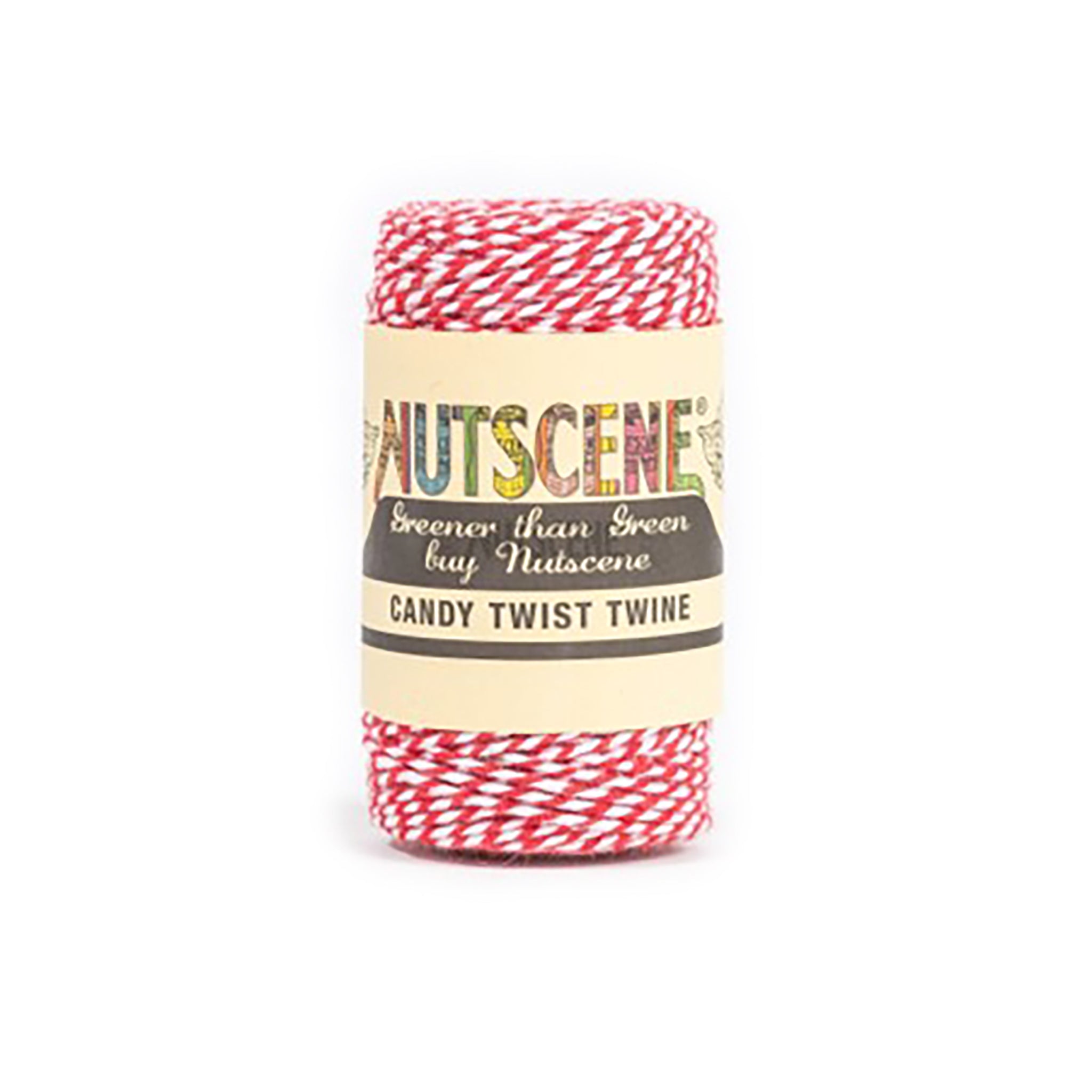 Red and white Nutscene crafting or bakers twine on a white background