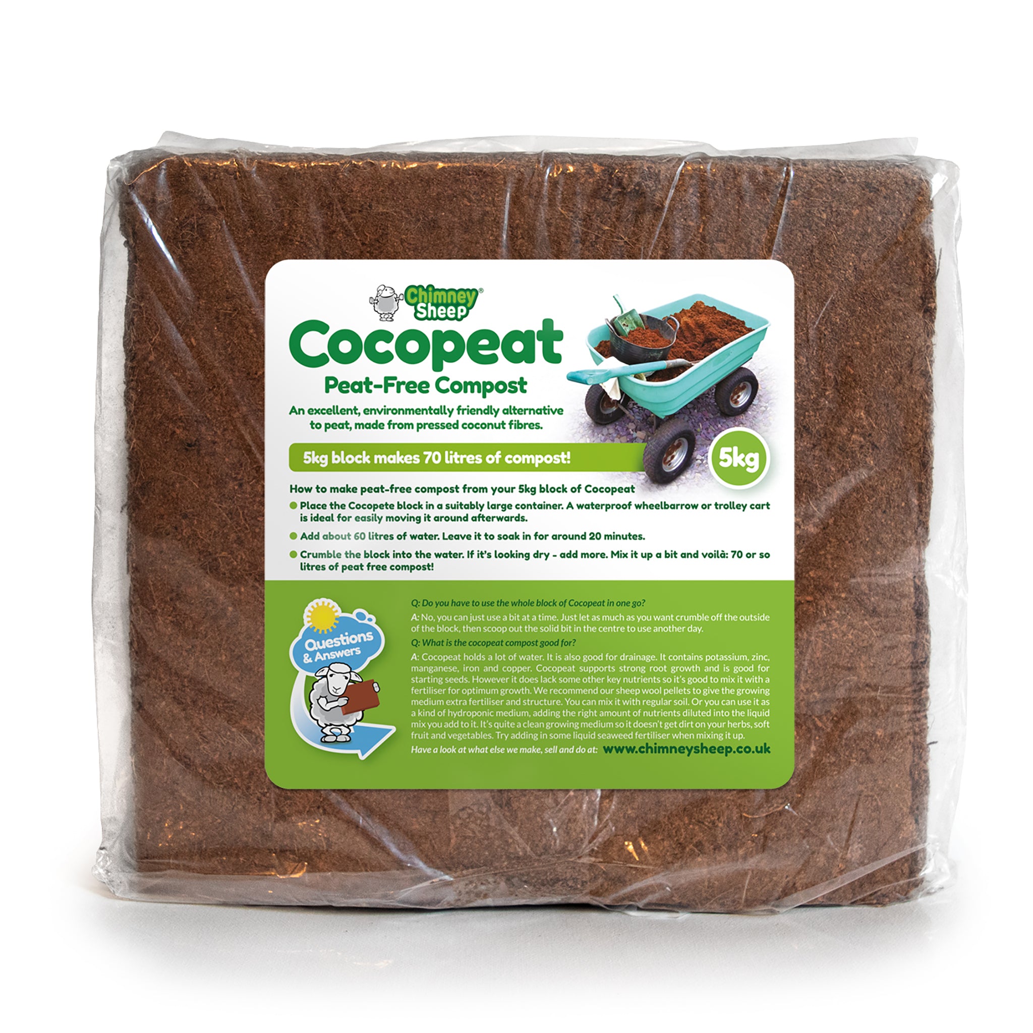 5kg block of cocopeat with image of cart full of 70 litres