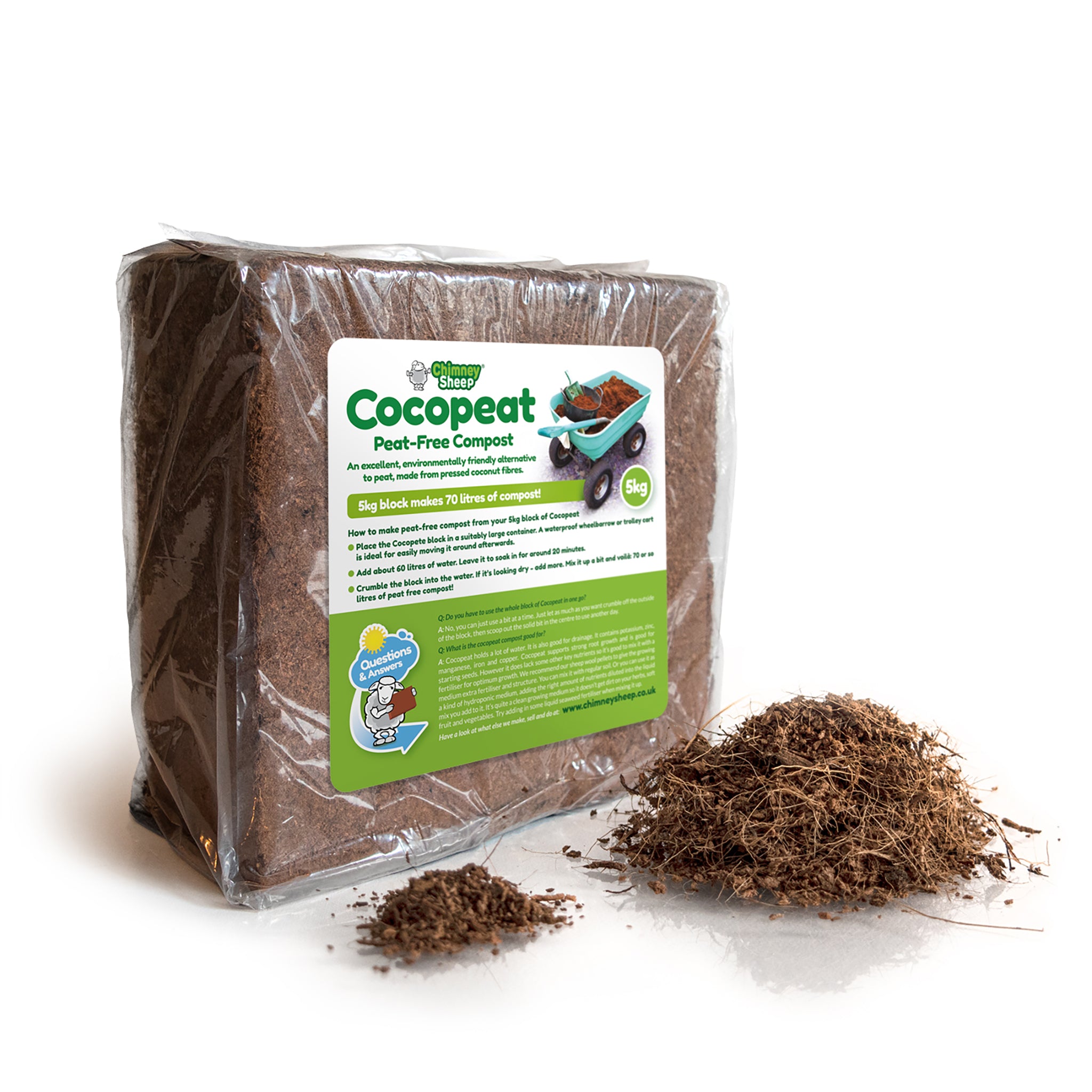 5kg block of cocopeat with small pile of loose peat free compost next to it