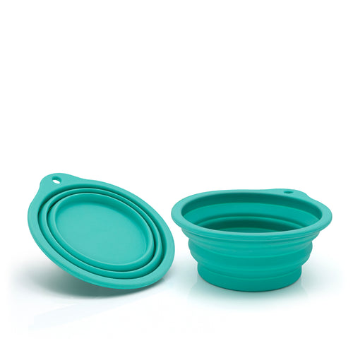 Collapsible Rubber Pet Bowl in blue with packaging. 