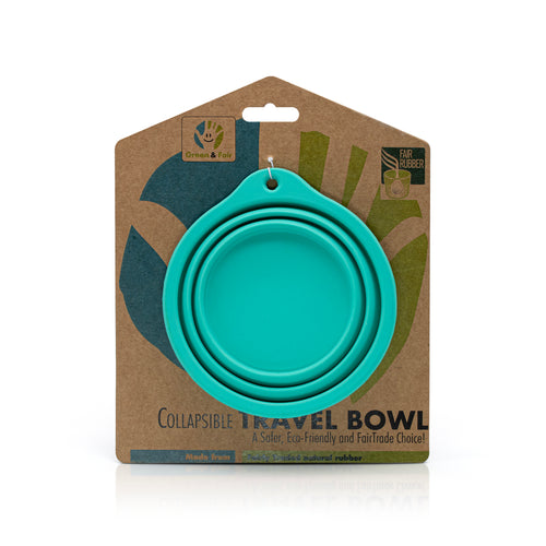 Collapsible Rubber Pet Bowl in blue with packaging. 
