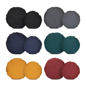 Chimney Sheep PetSnug pet bed cushions. This is an image showing all of the sizes and colours available of the wool pet cushions. There are wool felt cushions available in large and small sizes to fit the large and small PetSnugs. They are available in Black, Grey, Blue, Green, Yellow and Red