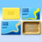 Kitchen Soap bar and Bamboo soap dish next to their packaging on a blue background