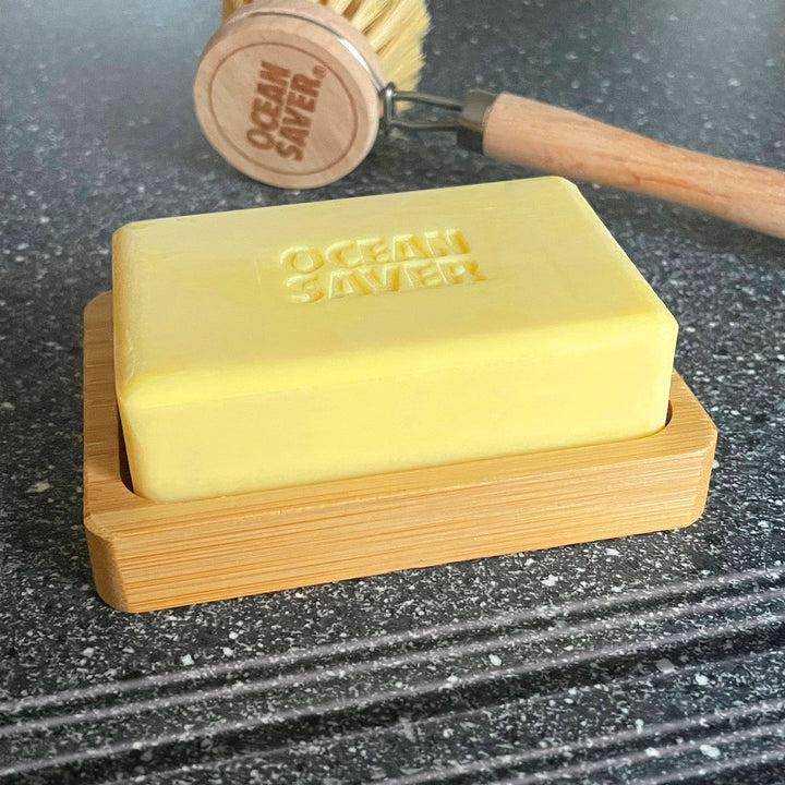 Ocean Saver Lemon Soap in a plastic free, bamboo soap dish