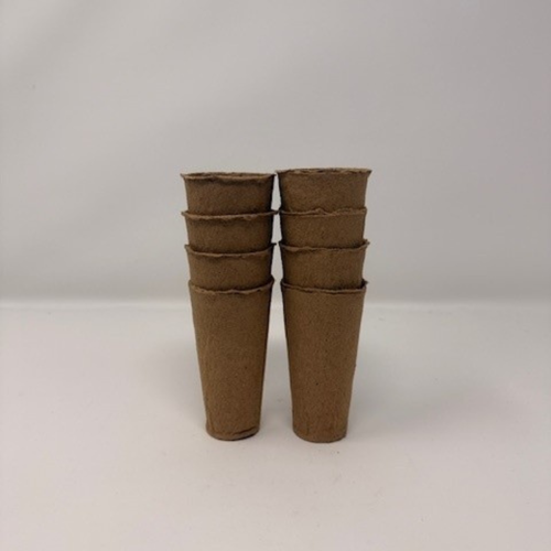 Deep root training pots made of recycled fibre from sustainable forests. Two stacks of 4 on a white background. 