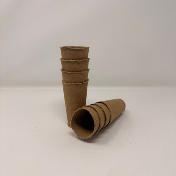 Deep root training pots made of recycled fibre from sustainable forests. Two stacks of 4 on a white background. 