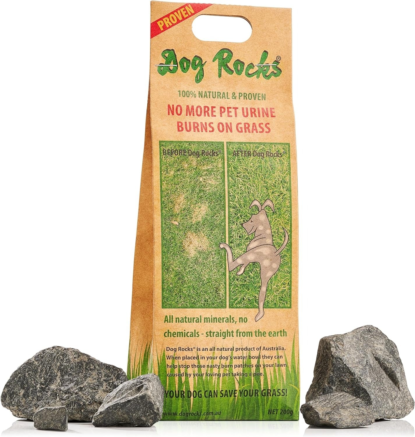 100% natural rock to stop pet urine burns on your grass. 