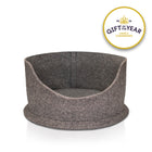 Grey wool felt snug pet bed with 'Gift of the Year' award badge on a white background