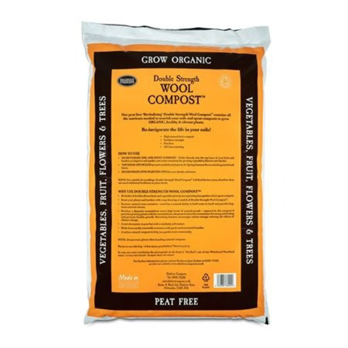 Double Strength Wool Compost in a white bag with an orange box with text on. 
