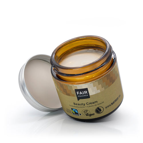 Glass jar of Fair Squared Beauty Cream with metal screwtop lid 