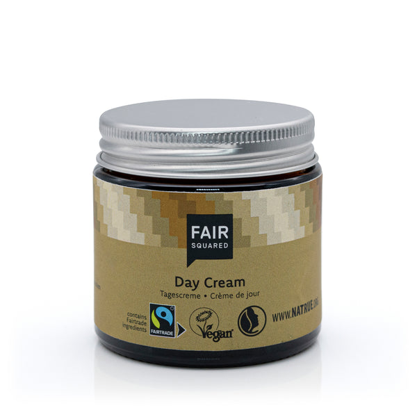 Glass jar of Fair Squared day cream with metal screw top lid 
