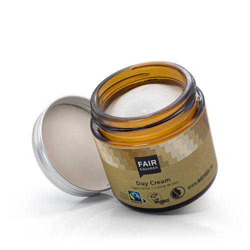 Glass jar of Fair Squared day cream with metal screw top lid 