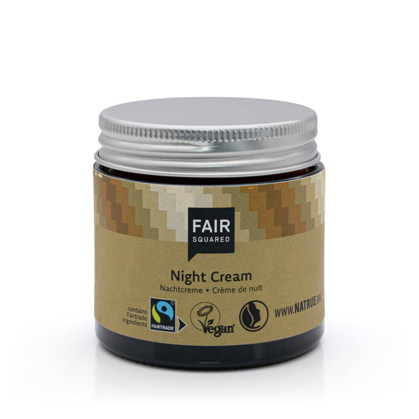Glass jar of Fair Squared Night Cream with metal screw top lid