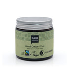Glass jar with metal screw top lid of Fair Squared Olive Oil Hand Cream