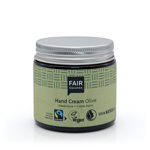 Glass jar with metal screw top lid of Fair Squared Olive Oil Hand Cream