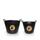 Large black plastic tubs, heavy-duty and flexible. 