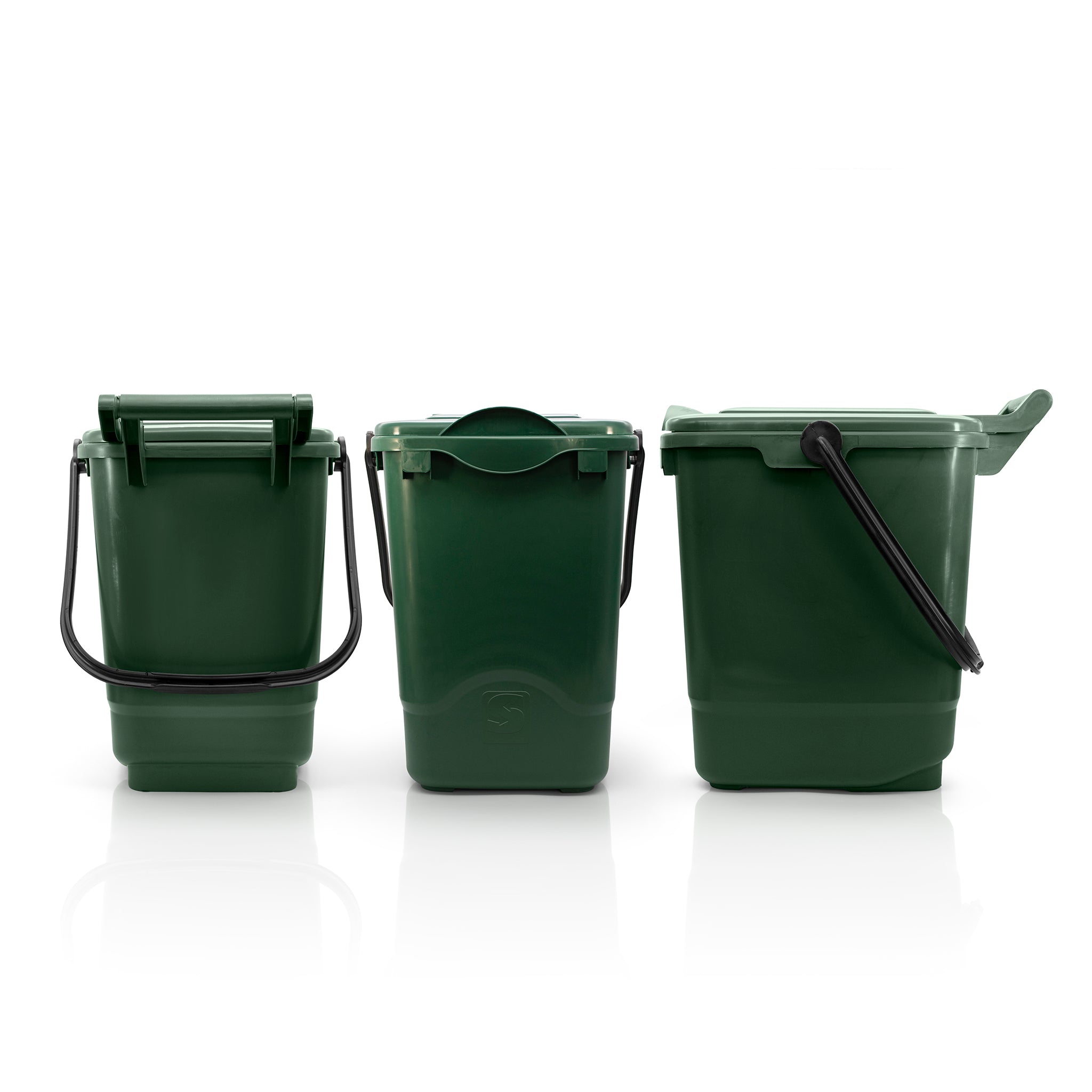Front, rear, and side of recycled plastic bin with lid 