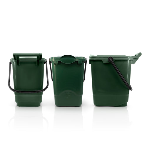 Photo of 23 litre green nappy bin open and closed on a white background 
