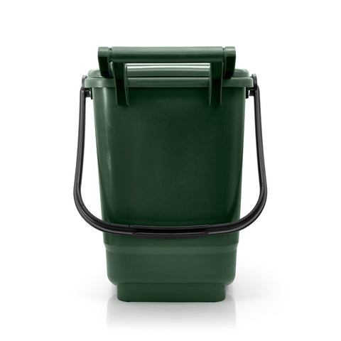 Photo of 23 litre green nappy bin open and closed on a white background 