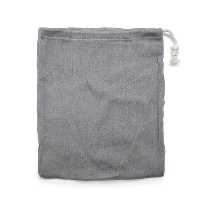Grey cotton material fruit bag with white drawstring.