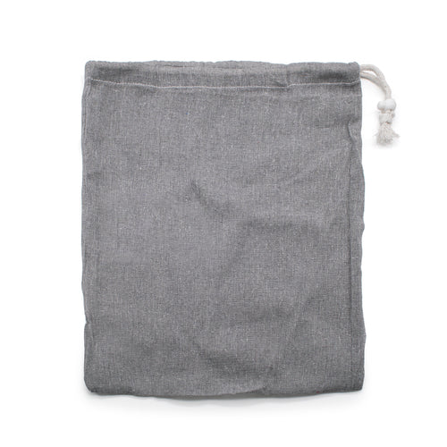 Grey cotton material fruit bag with white drawstring.