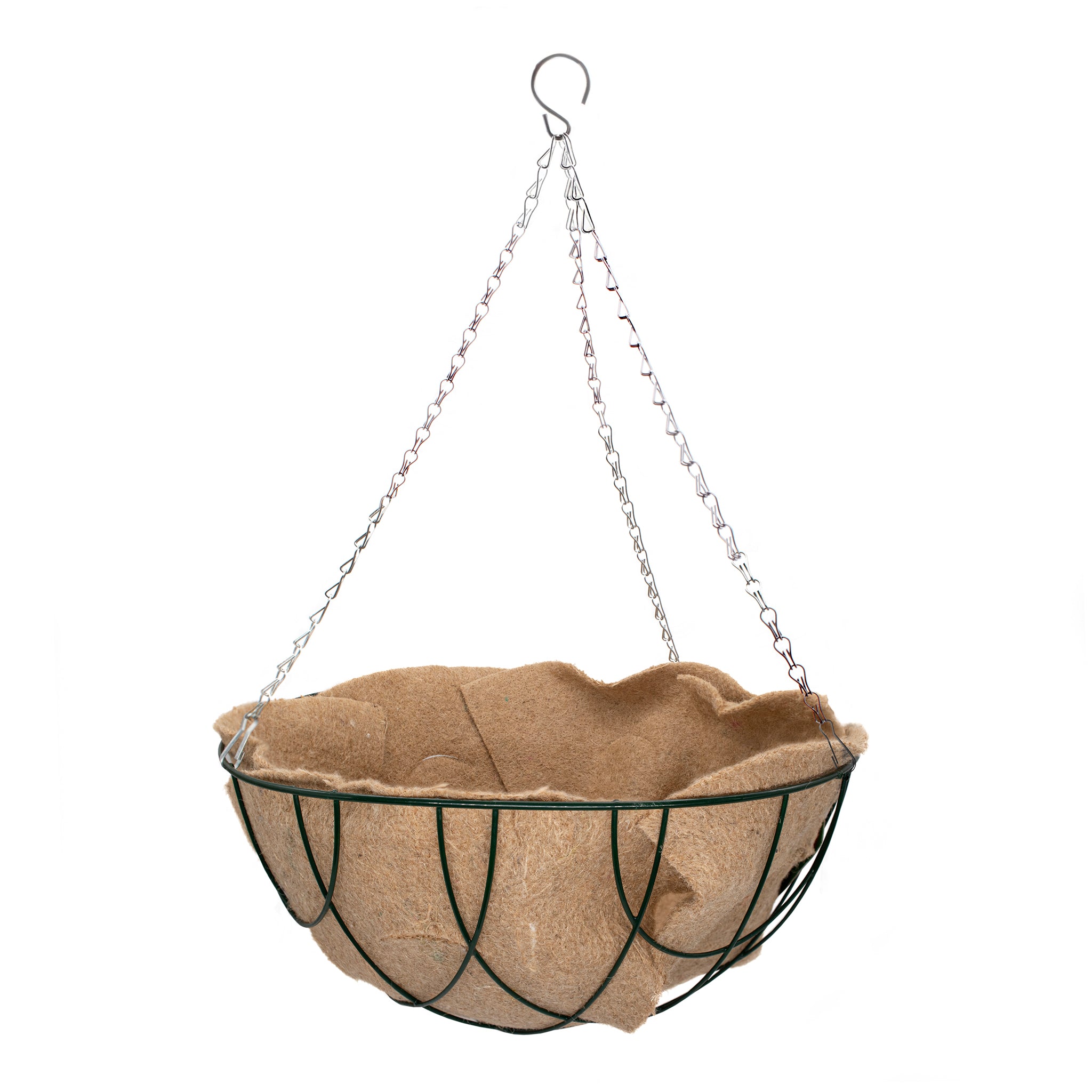 large metal hanging basket with jute liner