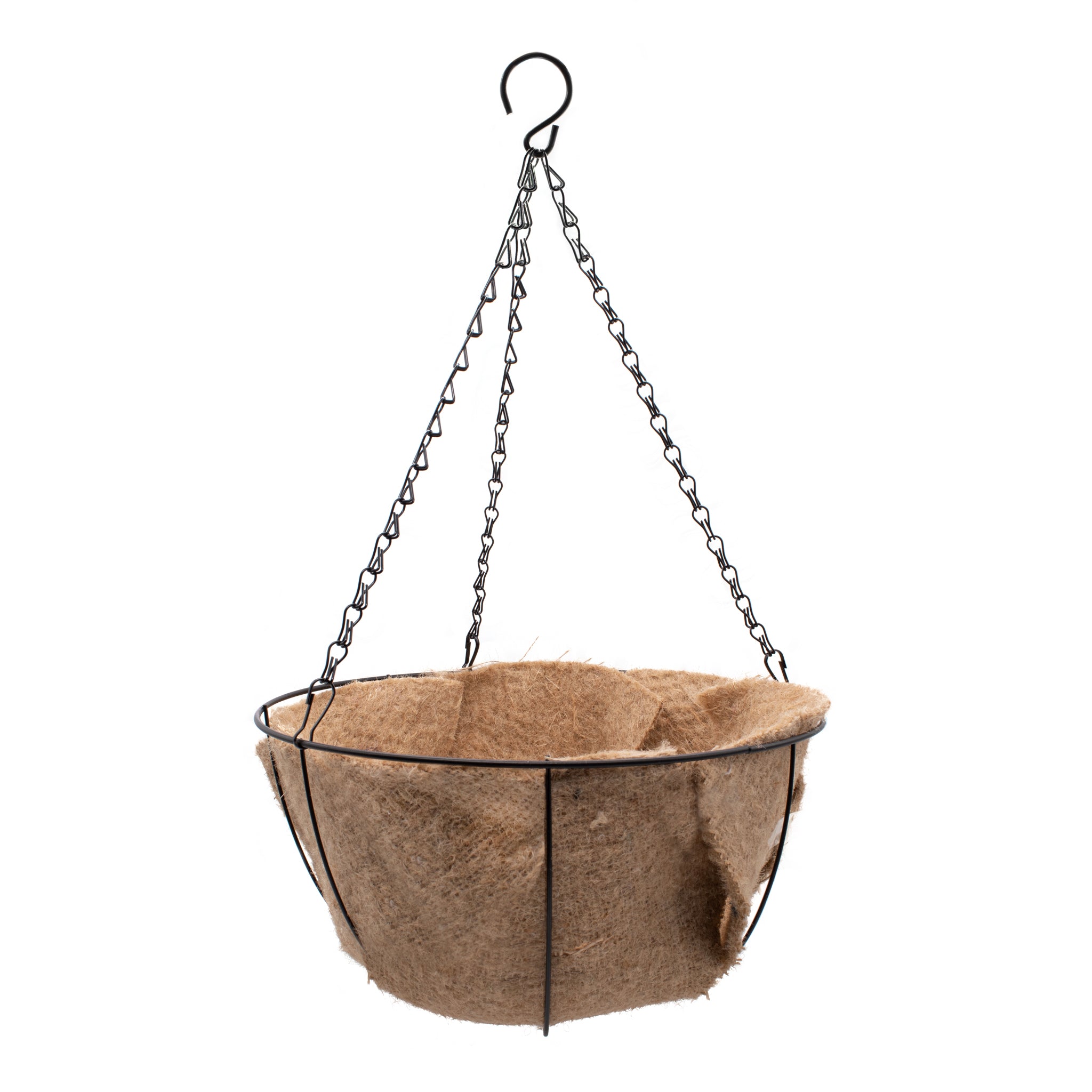small metal hanging basket with jute mulch liner