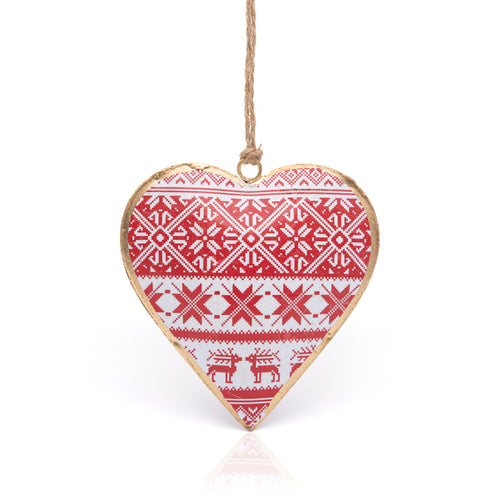 Namaste Nordic heart fair isle Christmas hanging decoration in red and white.