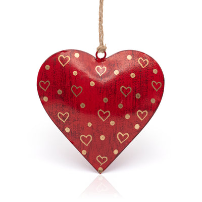 Red hanging heart with gold hearts and spots.