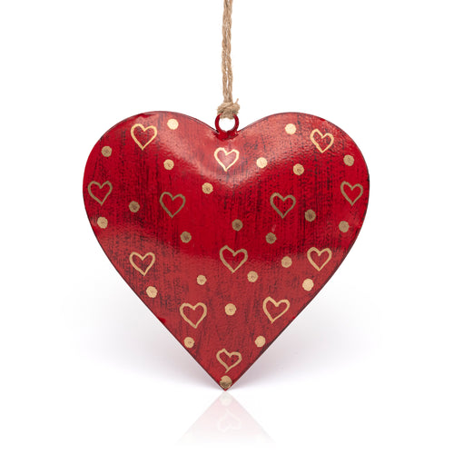 Red hanging heart with gold hearts and spots.
