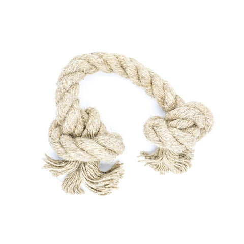 A small natural jute hemp knotted rope toy sits upon a white background. This natural knotted dog toy has two knots and this is the smaller size.