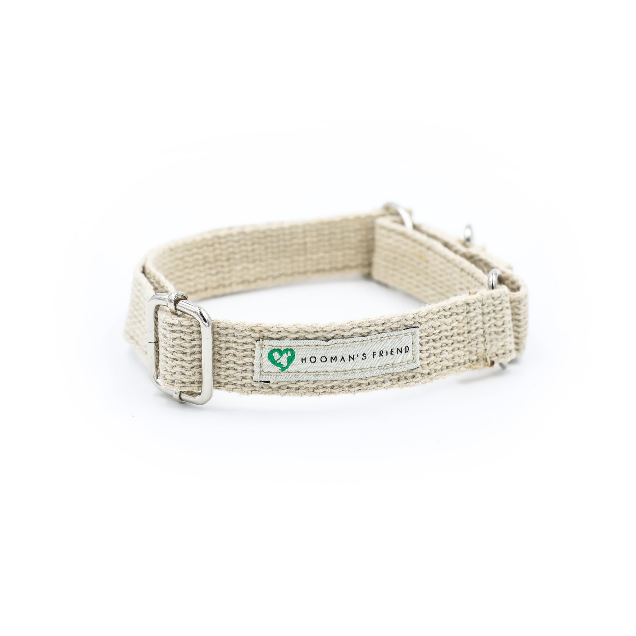 A Hoomans friends natural jute hemp martingale style collar. Placed upon a white background. The natural dog collar is facing so you can see the natural cotton logo This is a size medium.