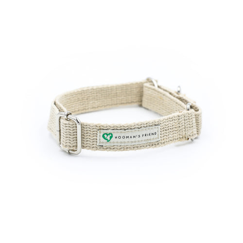 A natural jute hemp martingale style dog collar. The collar is made of woven hemp. The collar is stood on a white background with the two silver metal buckles and silver metal ring visible