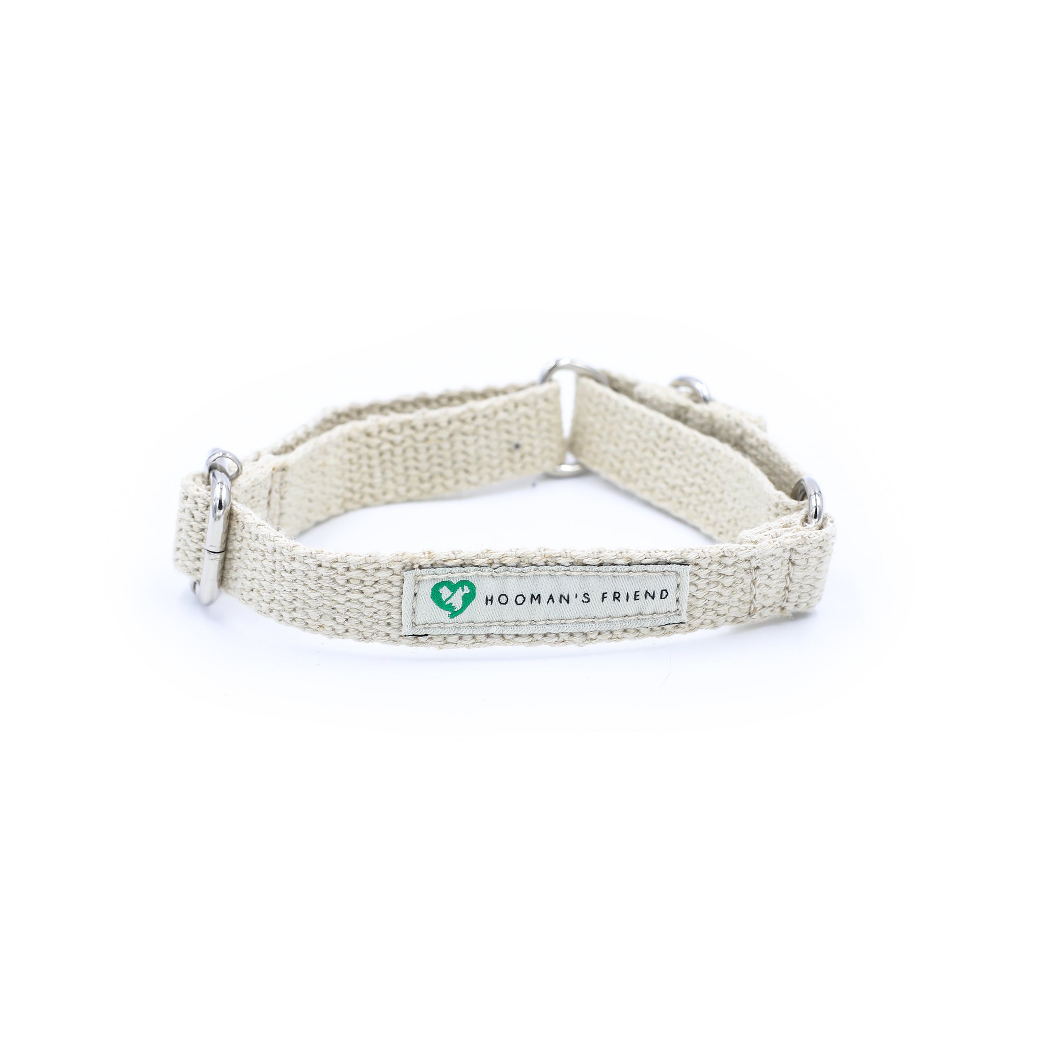 A Hoomans friends natural jute hemp martingale style collar. Placed upon a white background. The natural dog collar is facing so you can see the natural cotton logo. This is a size small
