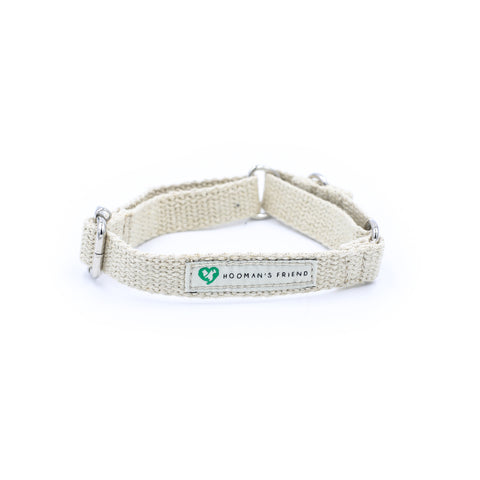 A natural jute hemp martingale style dog collar. The collar is made of woven hemp. The collar is stood on a white background with the two silver metal buckles and silver metal ring visible