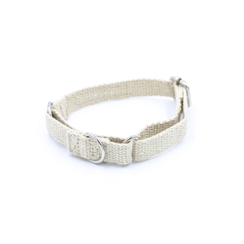 A natural jute hemp martingale style dog collar. The collar is made of woven hemp. The collar is stood on a white background with the two silver metal buckles and silver metal ring visible