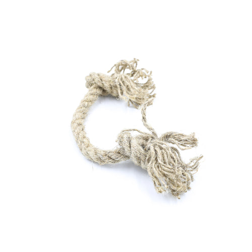 A small natural jute hemp knotted rope toy sits upon a white background. This natural knotted dog toy has two knots and this is the smaller size.