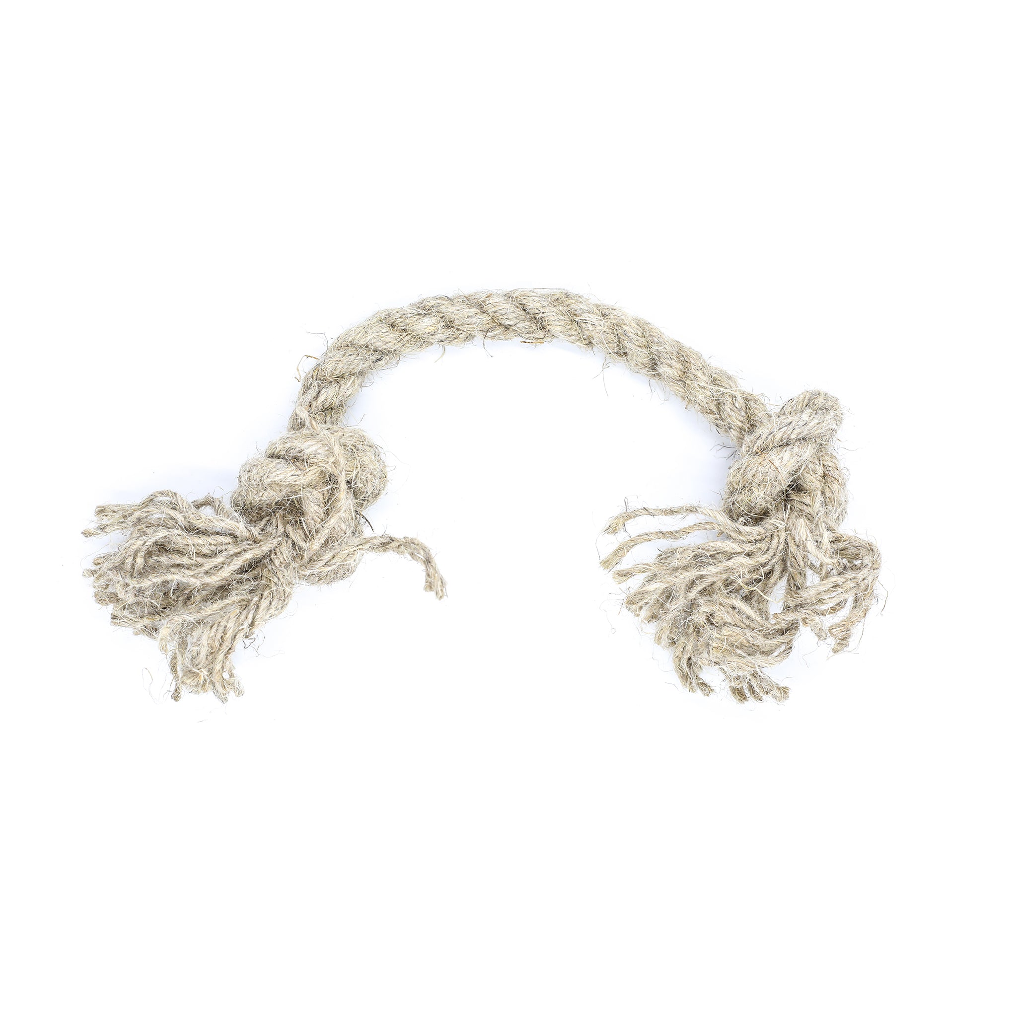 A small natural jute hemp knotted rope toy sits upon a white background. This natural knotted dog toy has two knots and this is the smaller size. The rope toy is lay in an arch across the white space