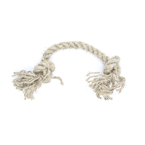 A small natural jute hemp knotted rope toy sits upon a white background. This natural knotted dog toy has two knots and this is the smaller size.